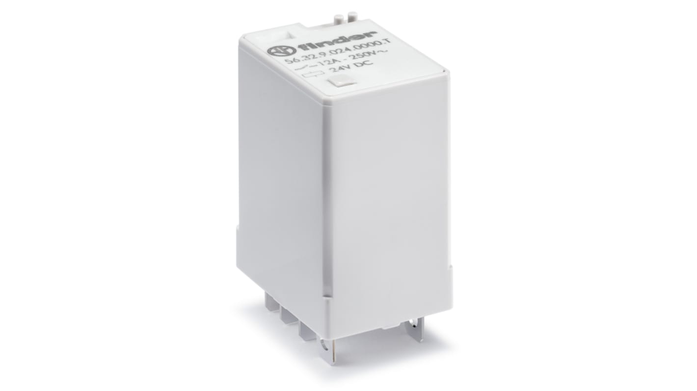 Modulo relè di potenza Finder 563290722000T, 72V cc, 12A, montaggio a innesto, contatti AgCdO, per applicazioni ferroviarie.