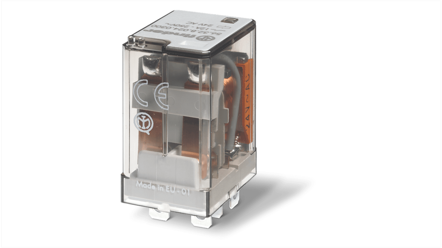 Modulo relè di potenza Finder 563292200040, 220V cc, montaggio a innesto, corrente 20A, indicatore meccanico.