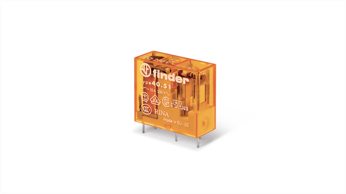 Relè Finder miniaturizzato SPDT 24V cc - Finder 405190240000. Montaggio su circuito stampato, ideale per applicazioni mediche e automazione.