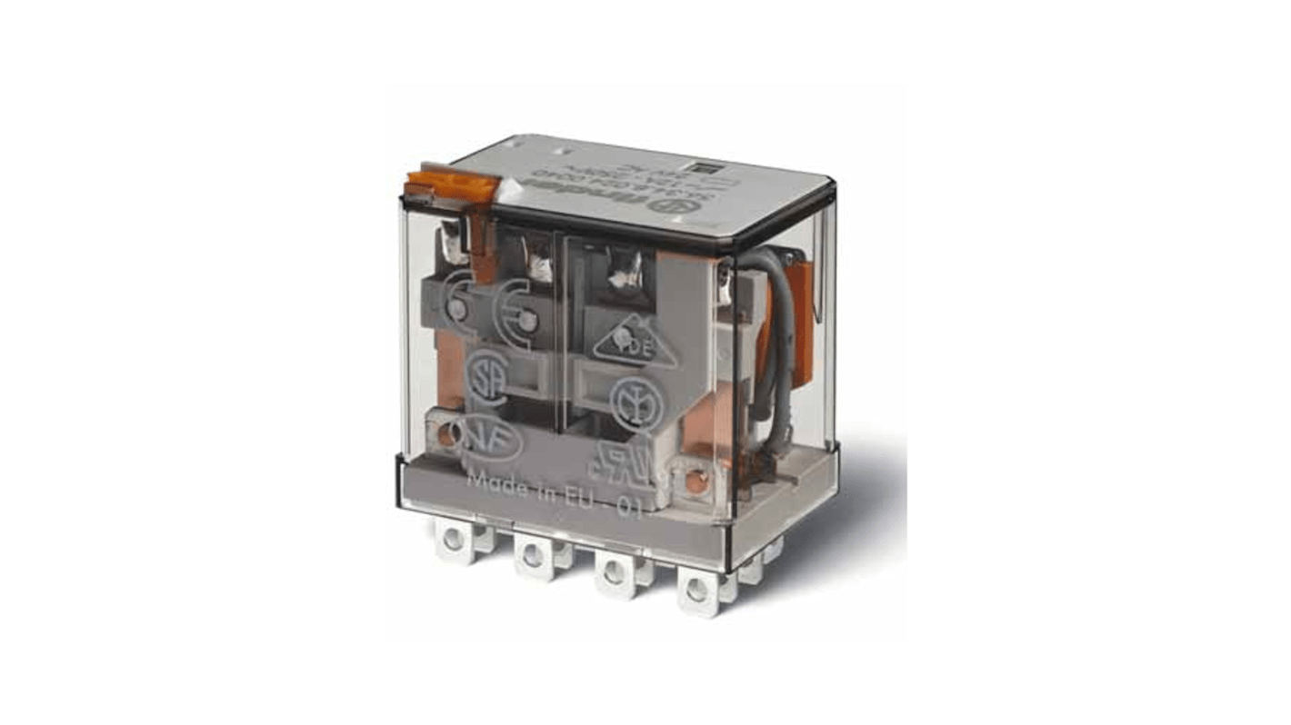 Modulo relè di potenza Finder 563490484040, 48V cc, montaggio a innesto, 12A, quattro poli, con pulsante di prova bloccabile.