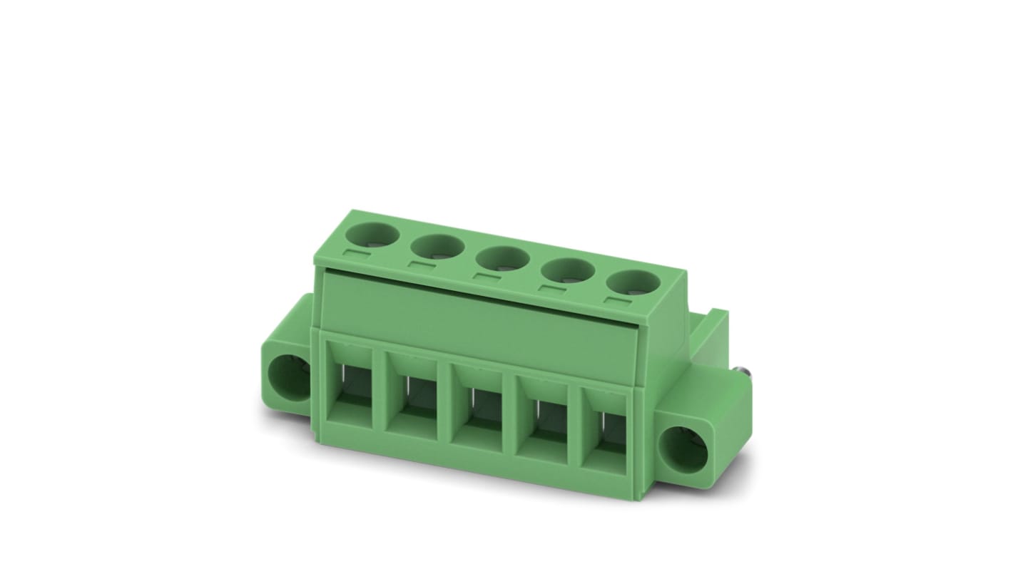 Morsetto passaparete femmina a 5 vie Phoenix Contact 1778014, passo 5.08mm, corrente 12A, flangia avvitabile. Connettore per circuito stampato con stabilità meccanica superiore.