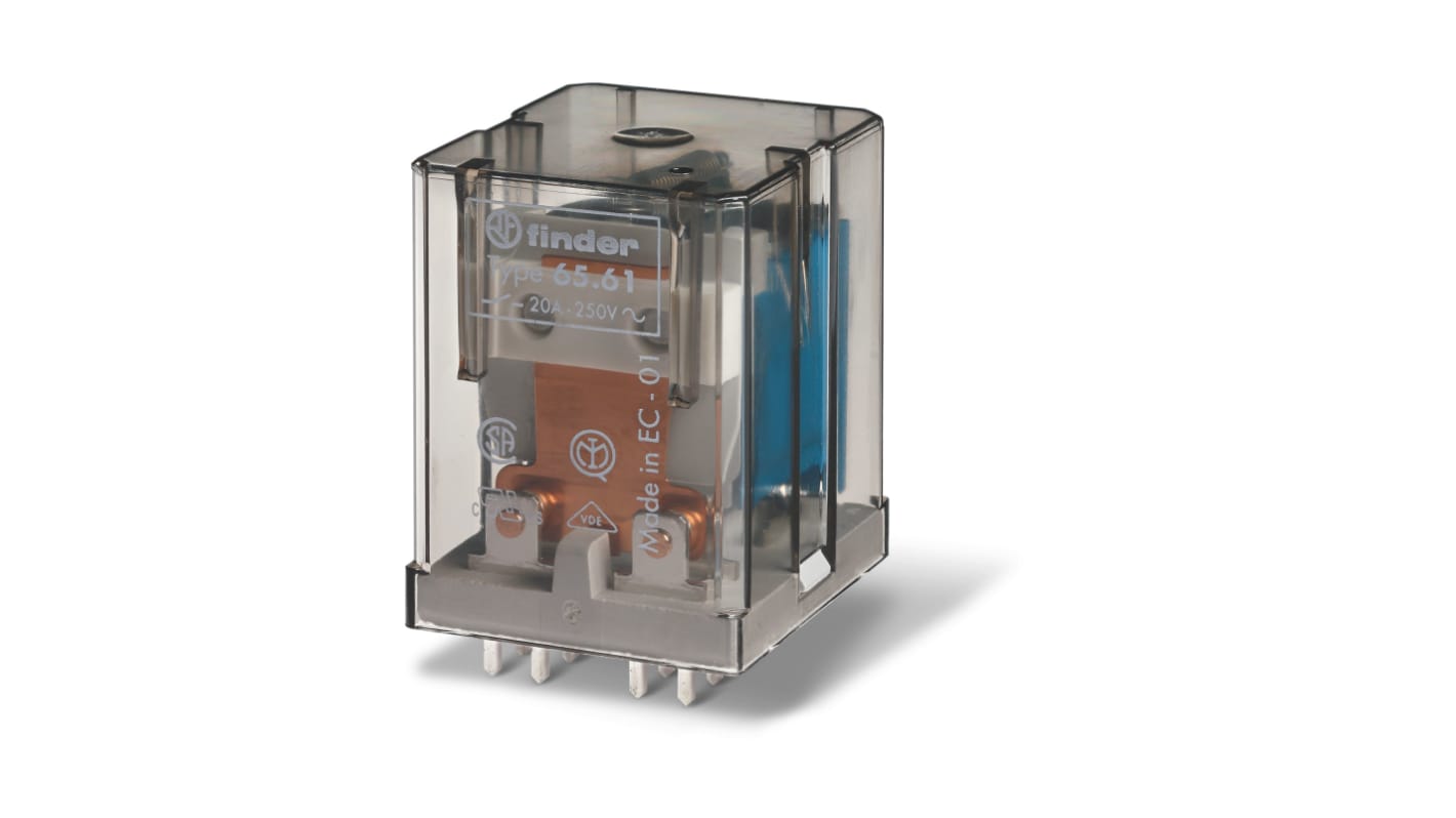 Relè Finder 656180240000, SPST 24V per montaggio su PCB, 1 NO + 1 NC, corrente 20A, contatti in AgCdO.