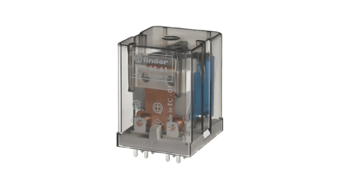Relè Finder 656190240000, SPST 24V cc per montaggio su PCB, 1 NO + 1 NC, corrente 20A, terminali a forcella.