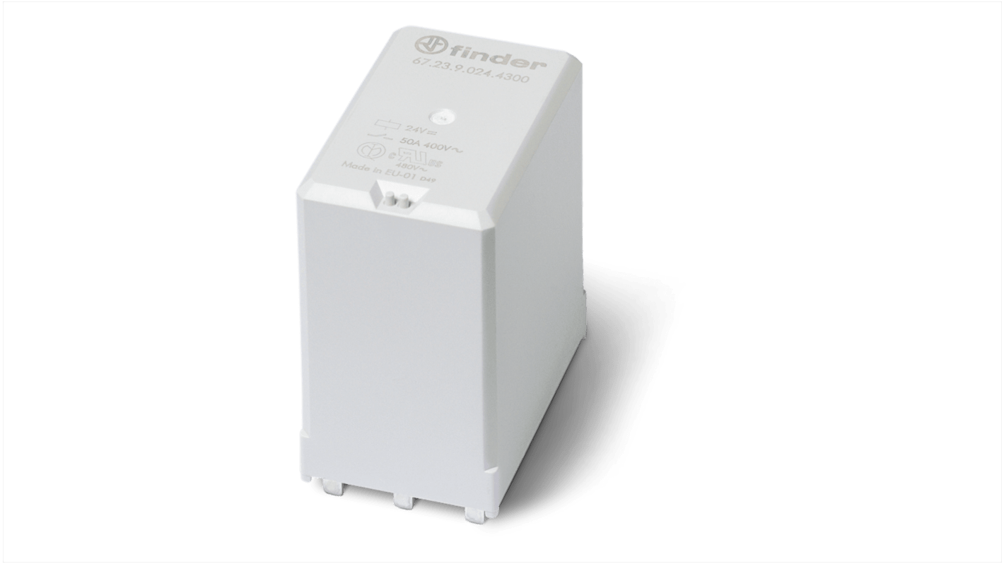 Modulo relè di potenza Finder 672390244300S, 24V cc, 50A, 3 poli, montaggio su circuito stampato. Contatti in AgSnO2.