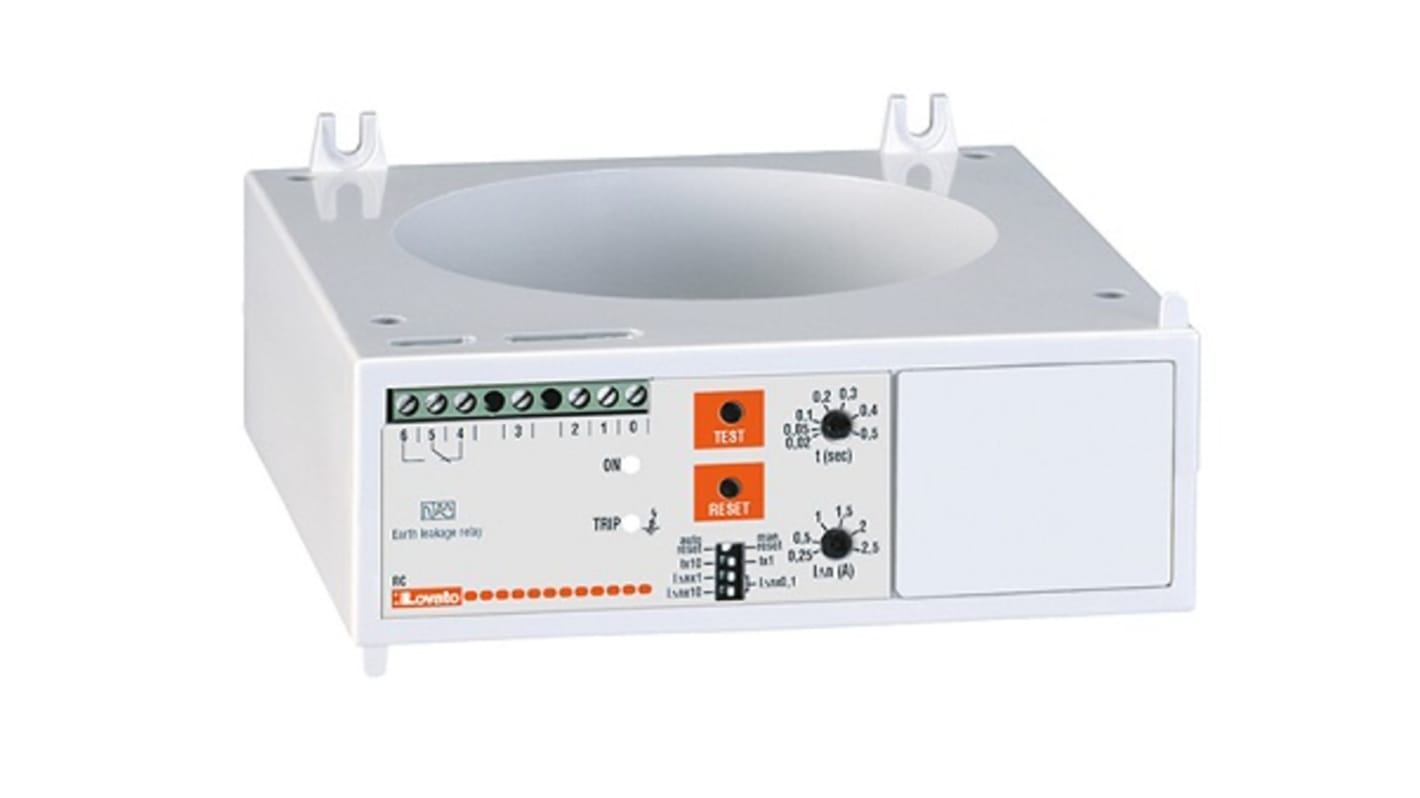 Relè di dispersione verso terra Lovato, montaggio a pannello, 110 V a 415 V, reset automatico, grado di protezione IP20.