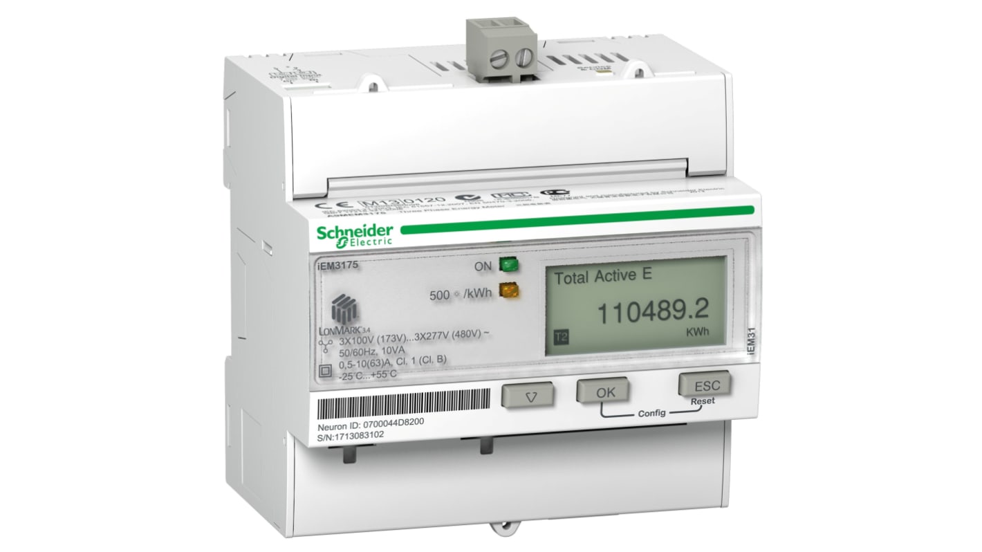 Contatore di energia Schneider Electric A9MEM3175, 1-3 fasi, montaggio su guida DIN, display LCD, IP40, 100-480 V.
