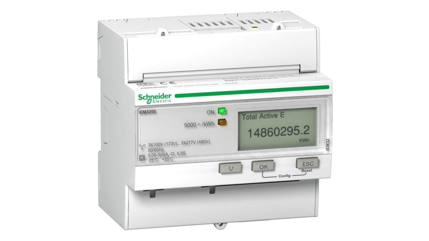 Contatore di energia Schneider Electric A9MEM3200, 1-3 fasi, montaggio su guida DIN, display LCD, IP40, 100-480 V.