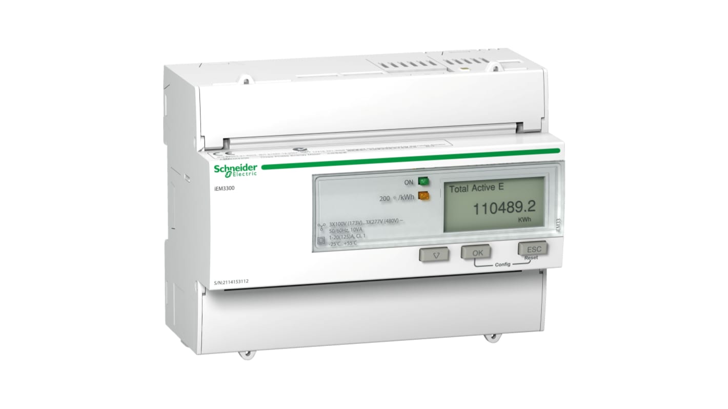 Contatore di energia Schneider Electric A9MEM3300, montaggio su guida DIN, misurazione 1-3 fasi, display LCD, IP40.