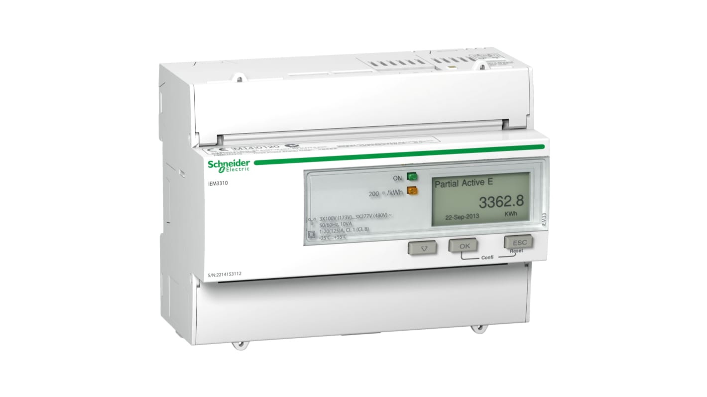 Contatore di energia Schneider Electric A9MEM3310, montaggio su guida DIN, misurazione 1-3 fasi, display LCD, IP40.