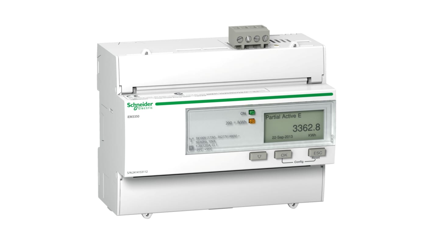 Contatore di energia Schneider Electric A9MEM3350, IEM3350, per montaggio su guida DIN, misurazione 1-3 fasi, display LCD.