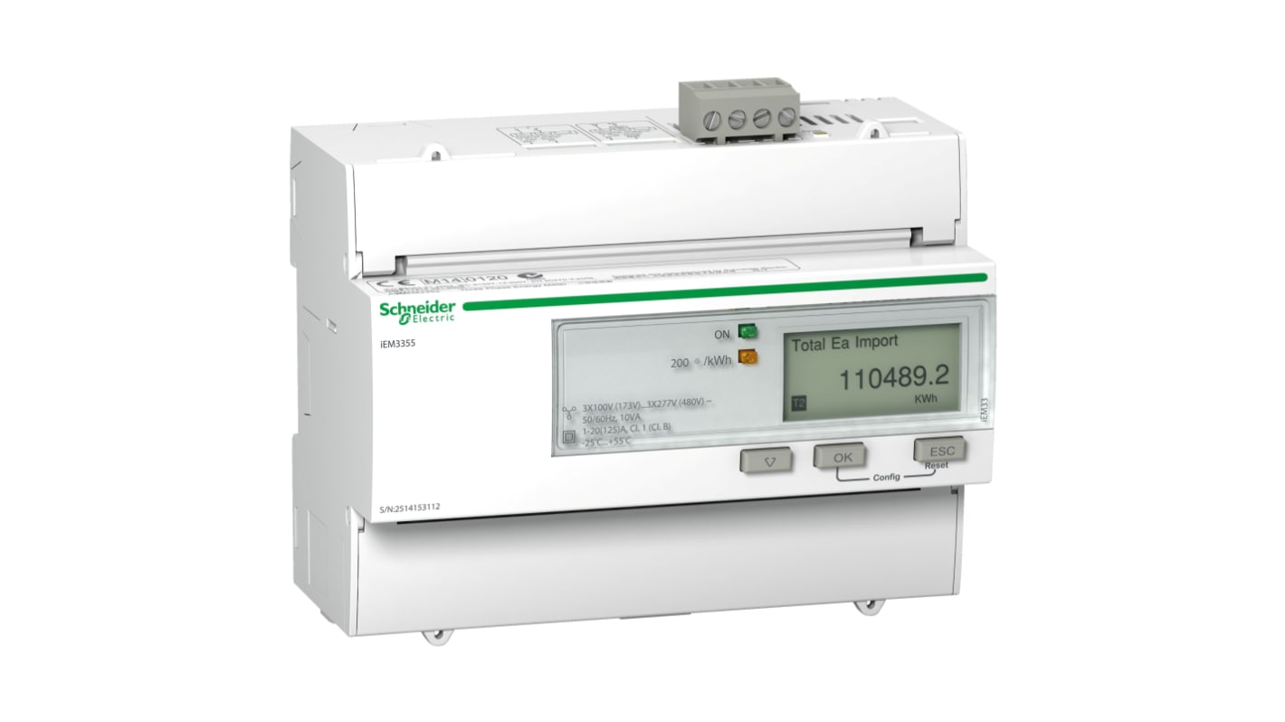 Contatore di energia Schneider Electric A9MEM3355, 1-3 fasi, LCD, montaggio su guida DIN, tensione 100-480 V, IP40.