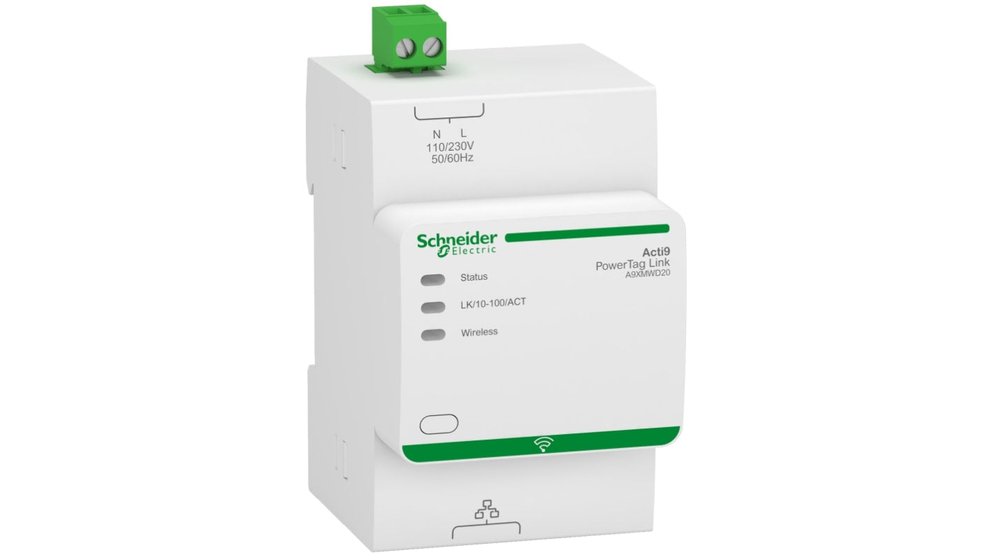 Modulo POWERTAG A9XMWD20 Schneider Electric Acti 9, 2A, Wireless con server Ethernet Modbus TCP/IP per contatori di impulsi. IP20, -25 a 60 °C.