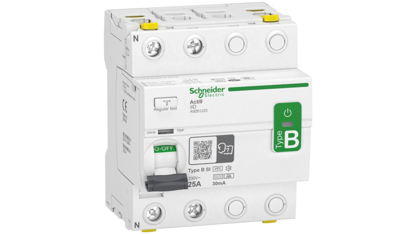 Interruttore automatico Schneider Electric A9Z61225, 2P 25A, sensibilità 30mA, Tipo B-SI. Protezione IP20/IP40, operatività da -25 a 60 °C. Ideale per impianti sicuri.