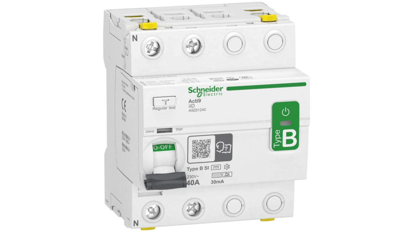 Interruttore automatico Schneider Electric A9Z61240 2P 40A, sensibilità 30mA, Tipo B-SI. Grado IP20/IP40, -25 a 60°C. Protezione elettrica.