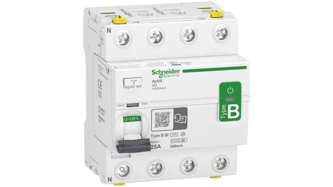 Interruttore automatico Schneider Electric A9Z64425 4P 25A sensibilità 300mA Tipo B-SI. Protezione affidabile per ambienti da -25 a 60 °C, grado IP20/IP40.