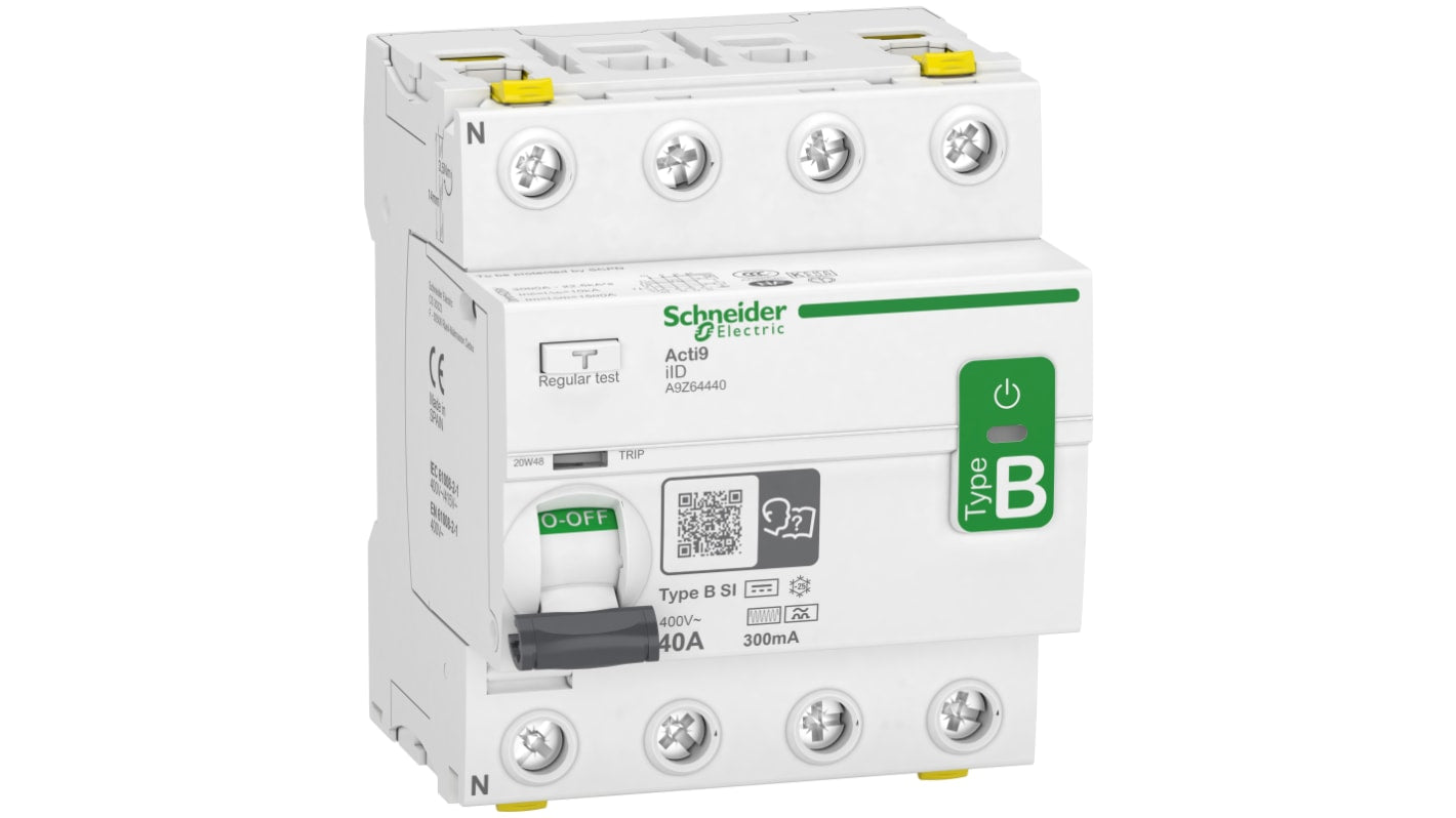 Interruttore automatico Schneider Electric A9Z64440 4P 40A IP20/IP40. Sensibilità 300mA Tipo B-SI. Ideale per protezione elettrica in ambienti industriali.