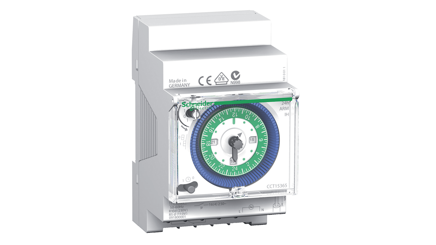 Interruttore temporizzato meccanico Schneider Electric CCT15365, 230 V c.a., 1 canale, 15 min, senza vite, 6 anni di durata batteria. Ideale per ambienti da -20 a 55 °C. IP20.