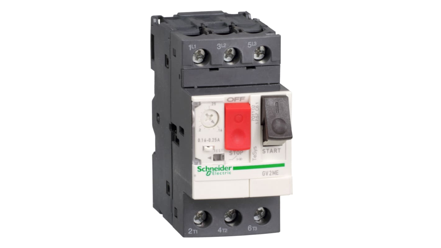 Interruttore automatico motore Schneider Electric GV2ME03TQ, 3 poli, 0,25-0,4 A, 690 V, IP20, dimensioni 89x44,5x78,2 mm.