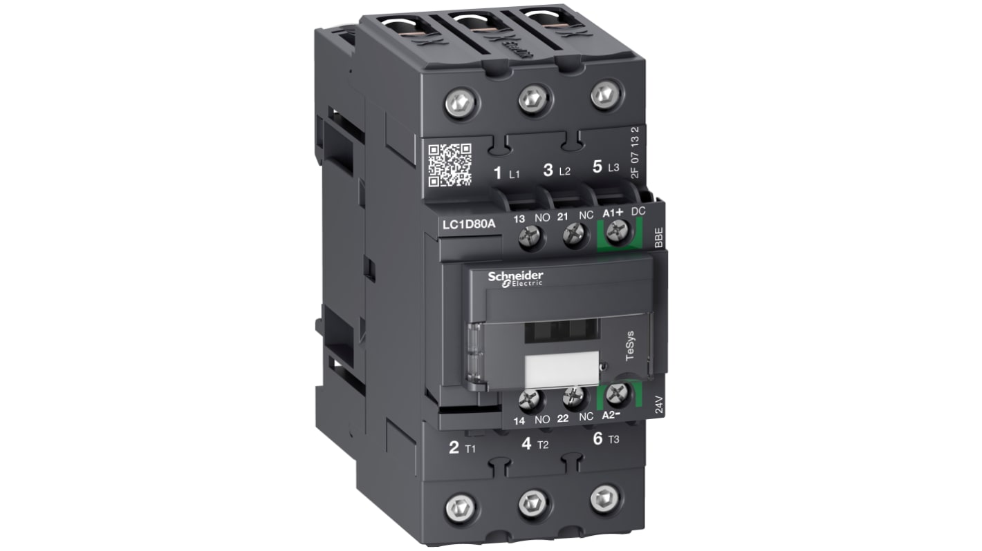 Contattore Schneider Electric LC1D80ABBE, 3 poli 3NO, 66 A, 24 V c.c., IP20, per applicazioni industriali.