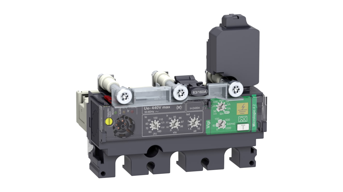 Unità di attivazione micrologica 4.2 Schneider Electric LV433802, 3 poli 160A IP40 per interruttori automatici NSX 160/250. Protezione regolabile, resistenza da -25 a 70 °C.