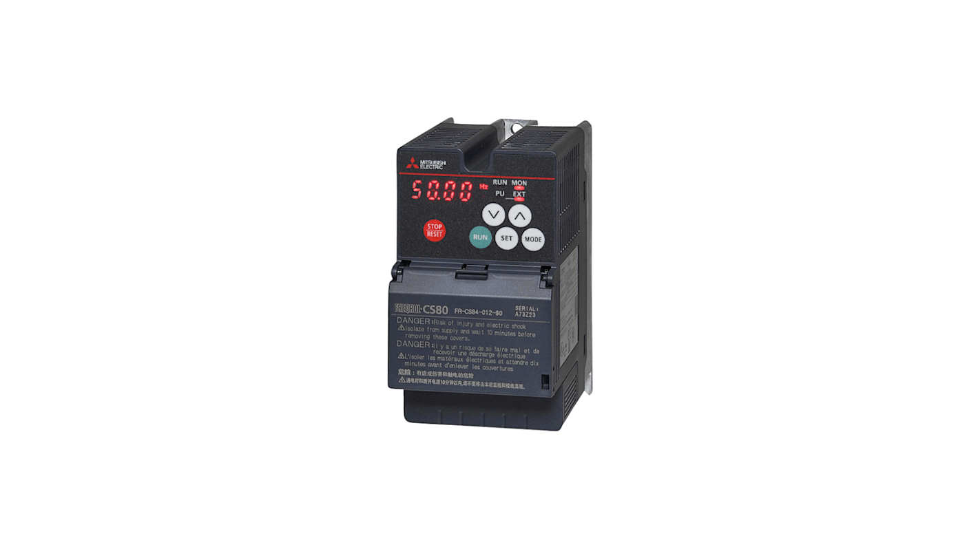 Inverter trifase Mitsubishi Electric 325720, potenza 0,4 kW, tensione 380-480 V CA, design compatto per applicazioni industriali.