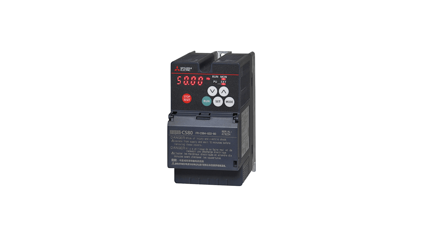 Inverter trifase Mitsubishi Electric 325721, potenza 0,75 kW, tensione 380-480 V, grado di protezione IP20.