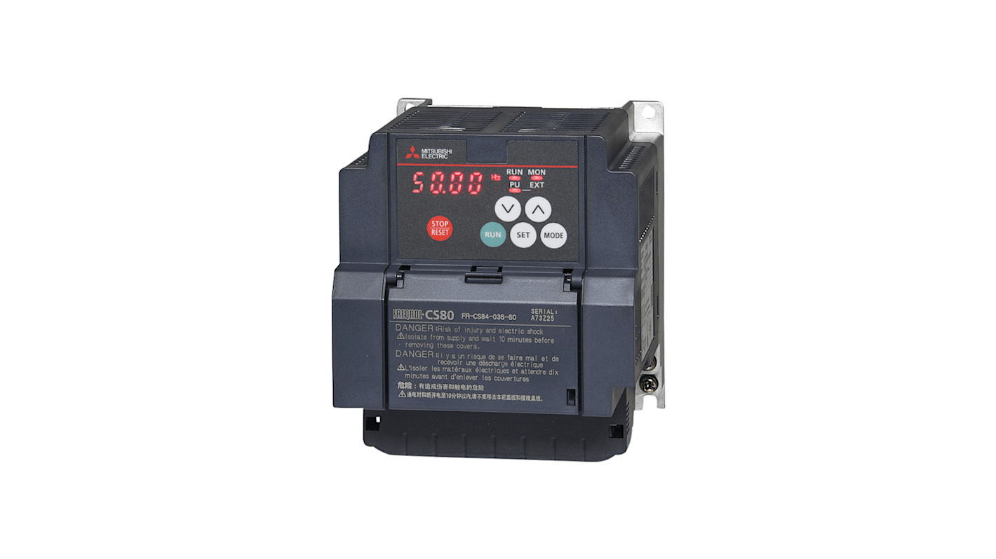 Inverter trifase Mitsubishi Electric 325722, potenza 1,5 kW, tensione 380-480 V CA, design compatto per applicazioni industriali.