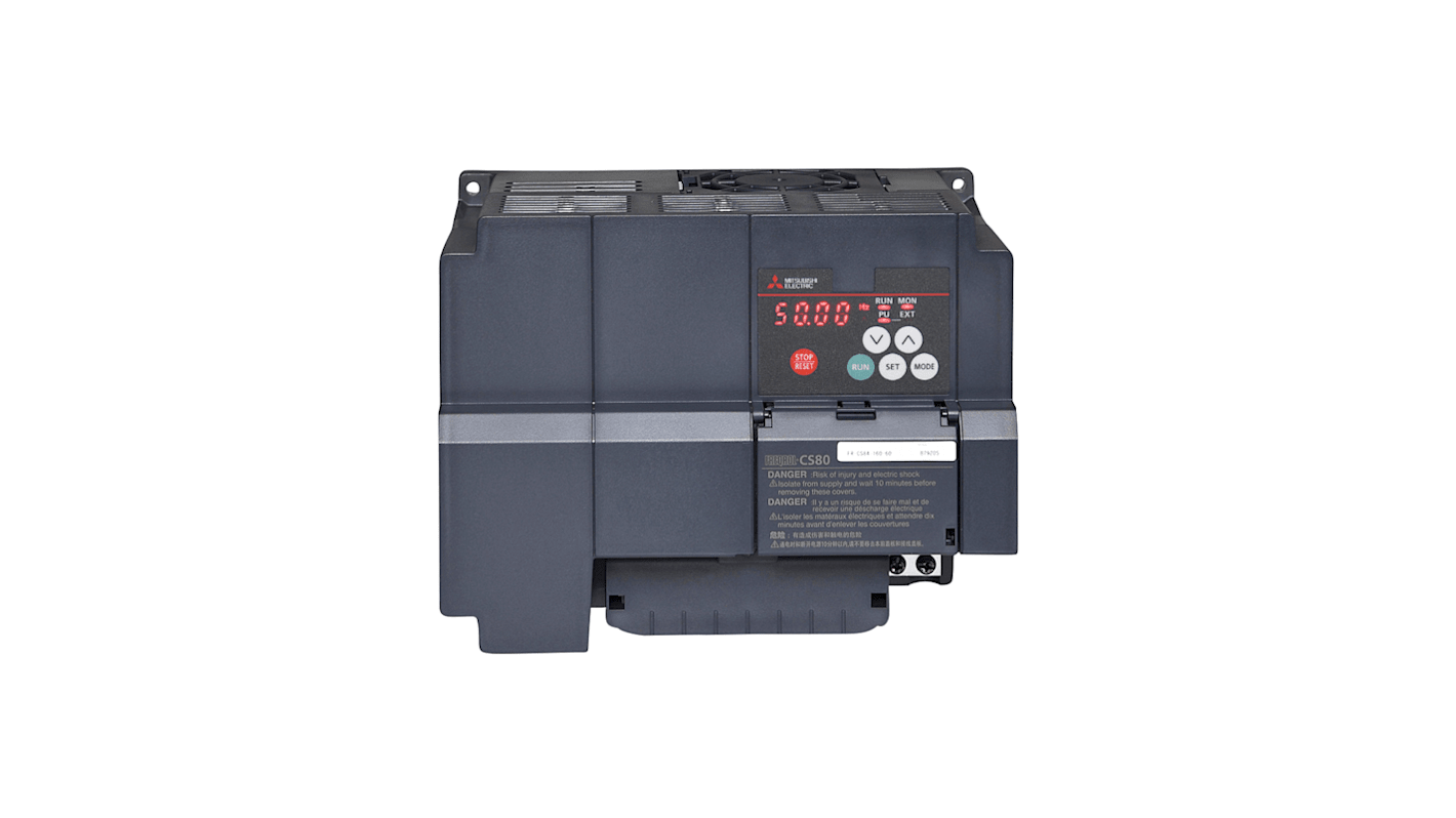 Inverter trifase Mitsubishi Electric 325746, potenza 7,5 kW, tensione 380-480 V CA, grado di protezione IP20.
