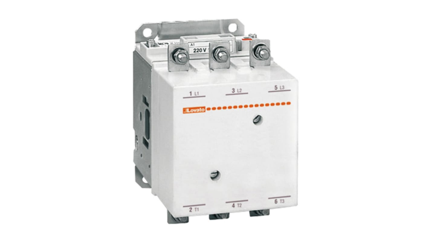 Contattore Lovato 11B63000220 per controllo motori, 3 poli, 800 A, 240 V c.a., con indicatore stato e sicurezza.