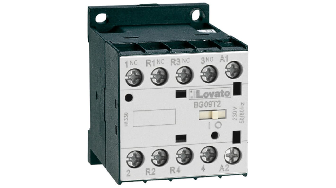 Contattore Lovato 11BG09T2A400 per controllo motori, 4 poli, 20 A, 400 V c.a., con collegamento rapido e indicazione stato.