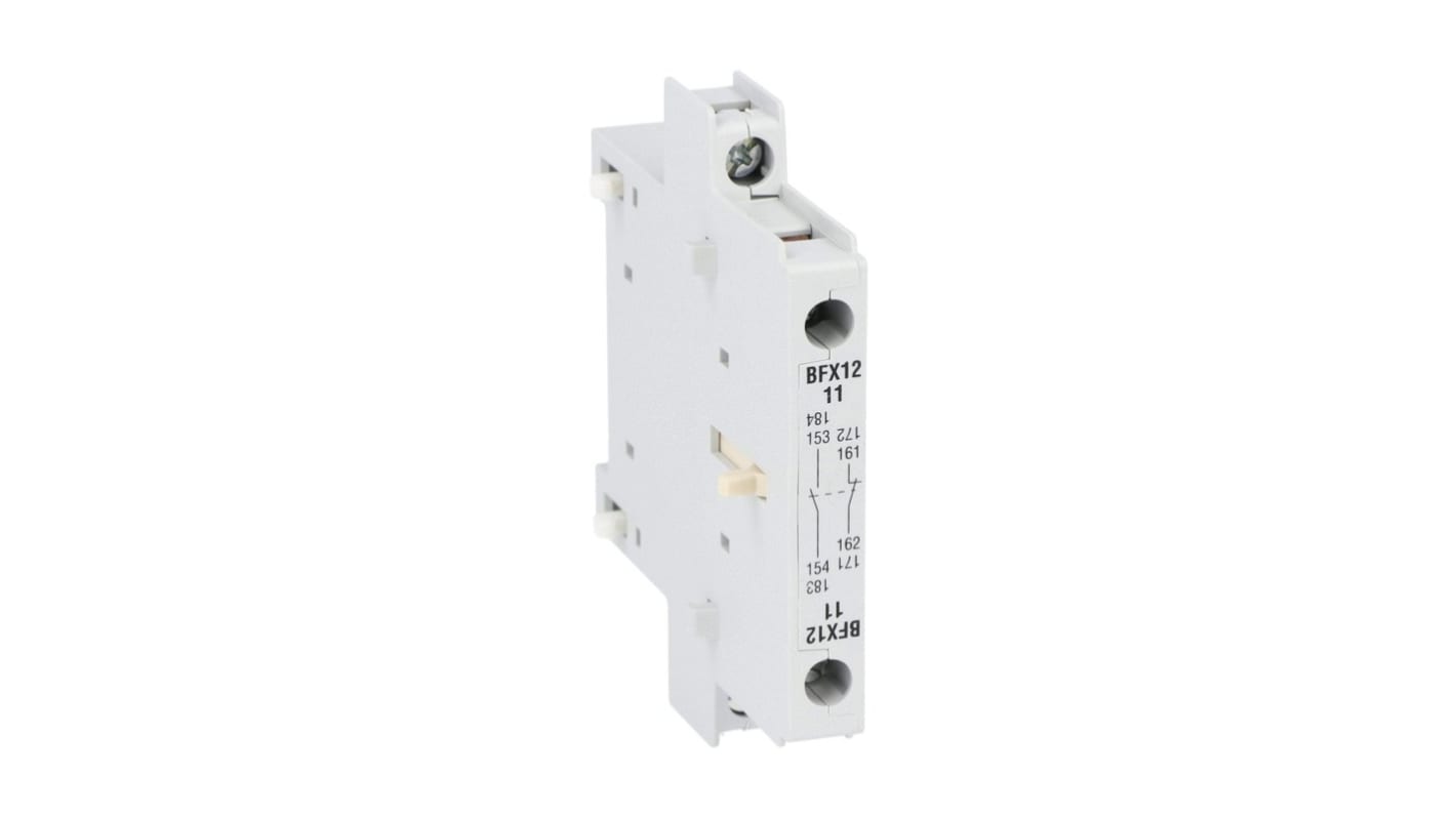 Contatto ausiliario Lovato BFX1211, 1NO + 1NC, montaggio laterale, corrente nominale 10 A, compatibile con contattori serie BF.