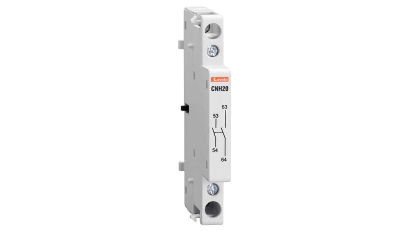 Contatto ausiliario Lovato CNH20, 2NO, montaggio su guida DIN, tensione nominale 440 V c.a., corrente 6 A.