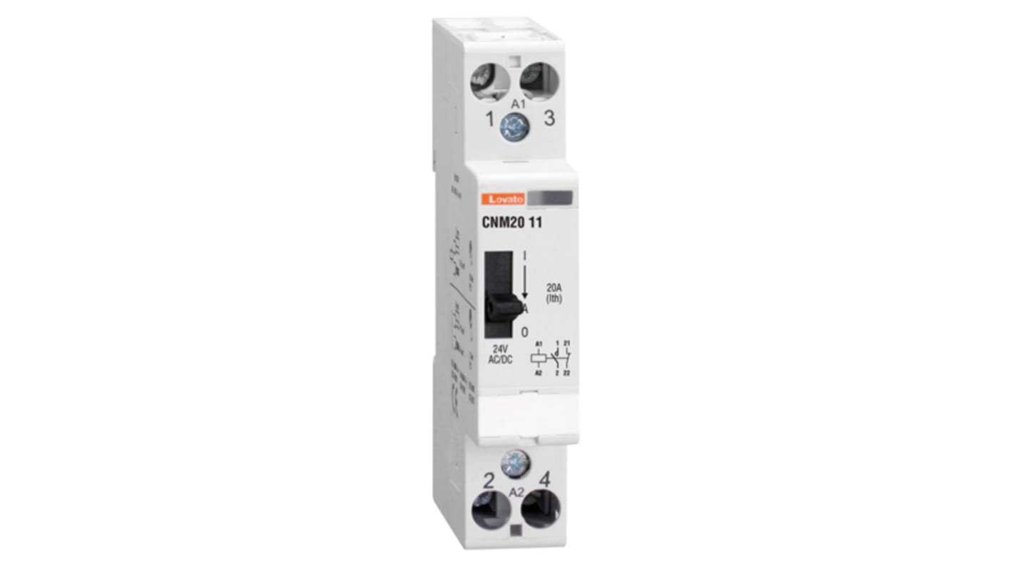 Contattore Lovato CNM2020024, 2 poli 2NO, 20 A, bobina 24 V c.a., progettato per operazioni silenziose e test funzionali.