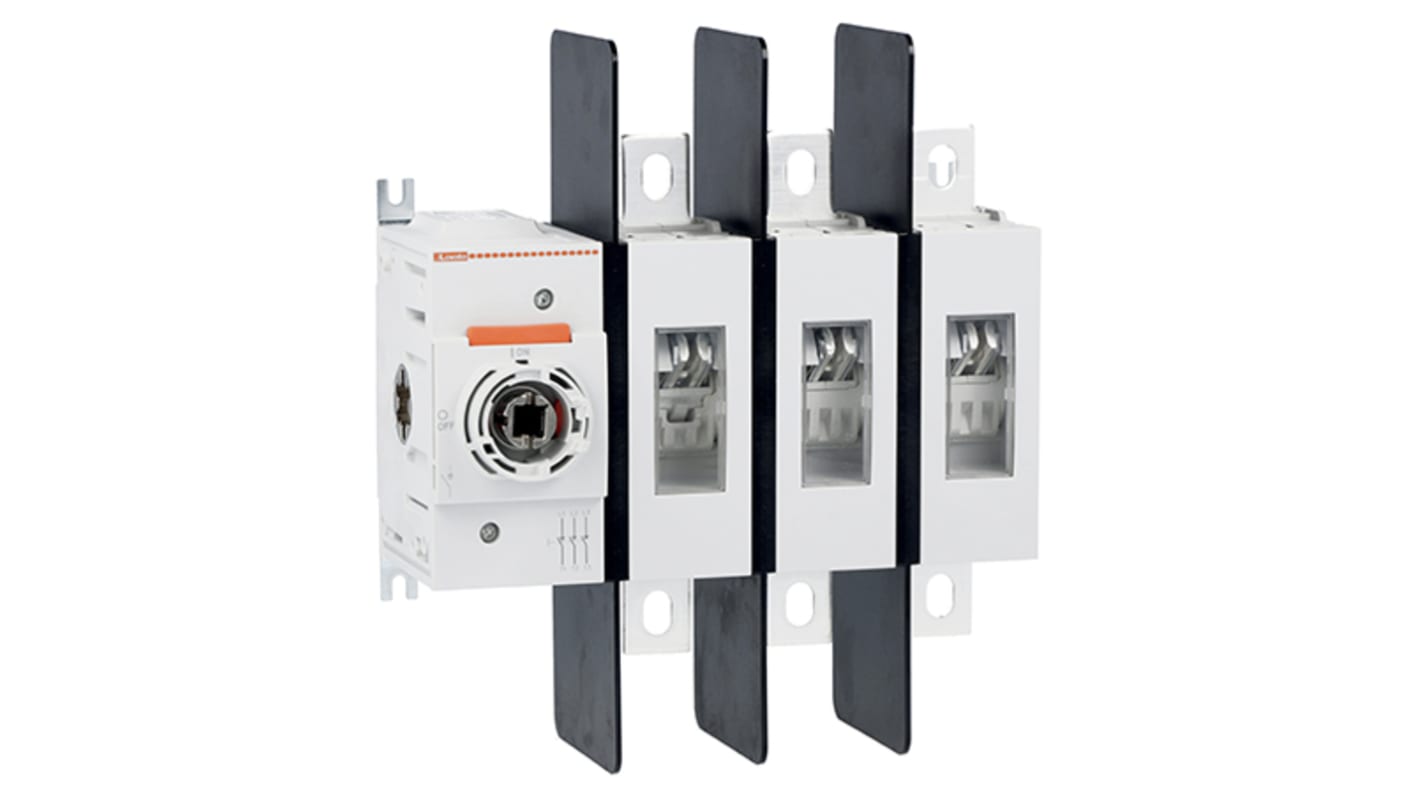 Sezionatore Lovato GL0630C1, interruttore 3 poli, corrente 630A, montaggio a vite, contatti visibili, dimensioni compatte.