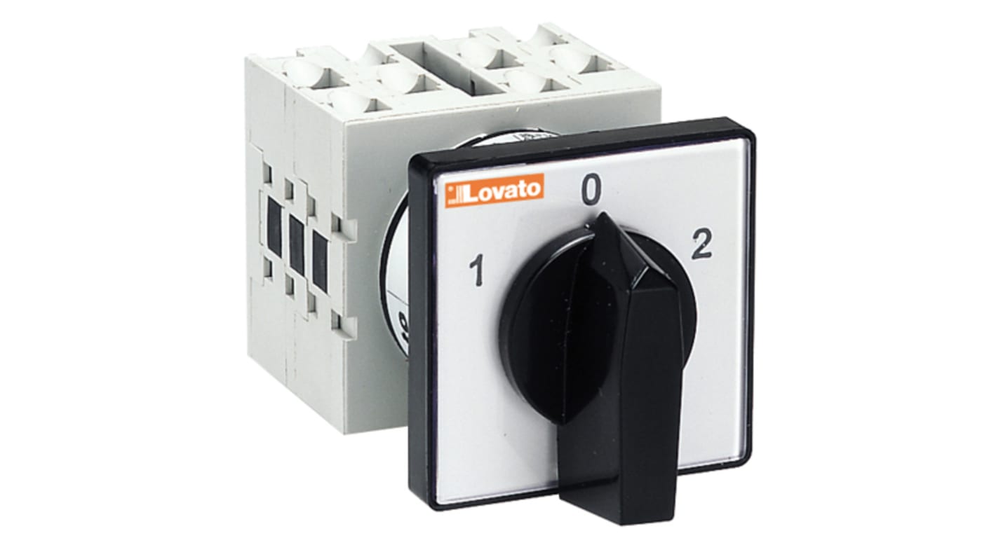 Interruttore a camma Lovato GX4013U, 3 posizioni, 40A, montaggio frontale, impugnatura nera, angolo di corsa 60 gradi.