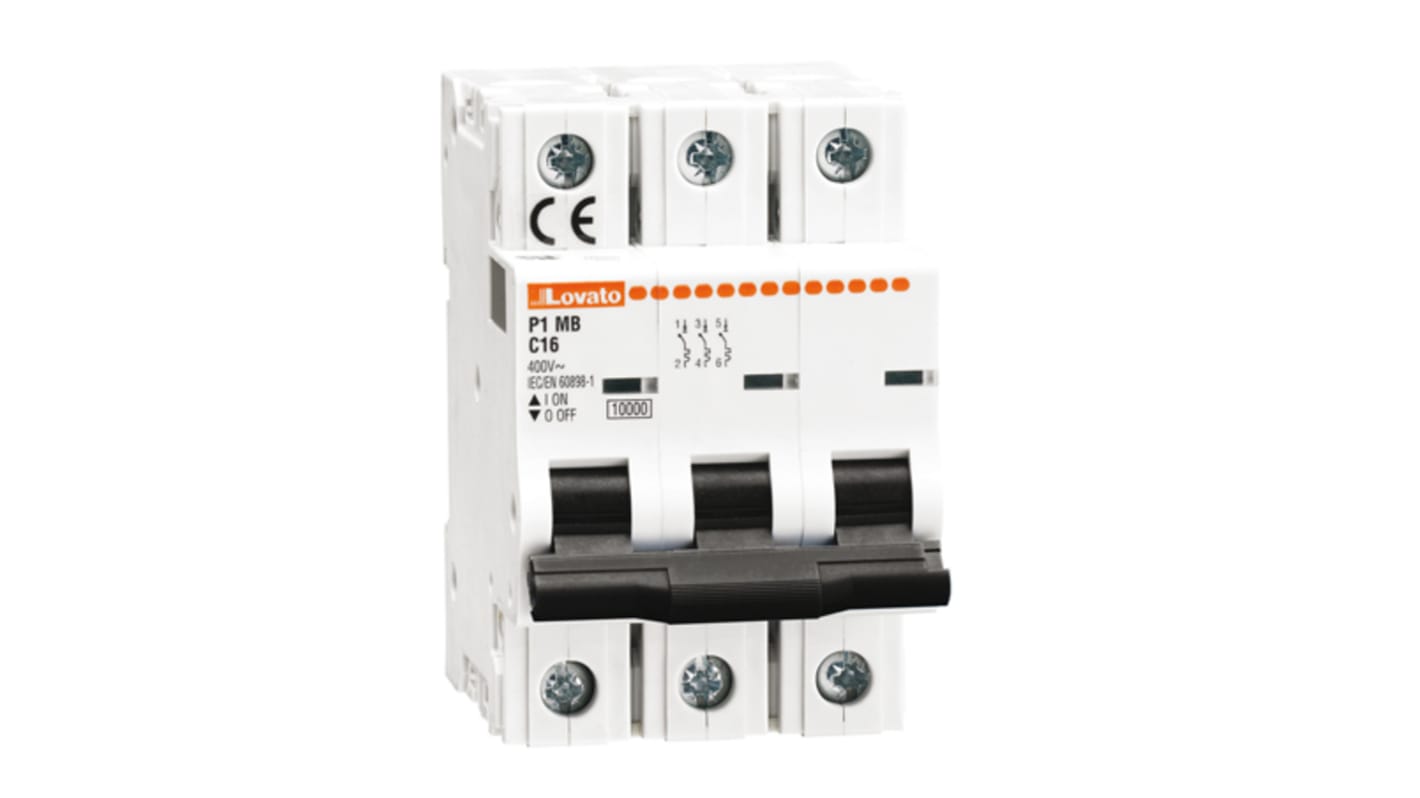 Interruttore magnetotermico Lovato P1MB3PC13, 3 poli, 13A, Tipo C, montaggio su guida DIN 35 mm, con indicatore di stato.