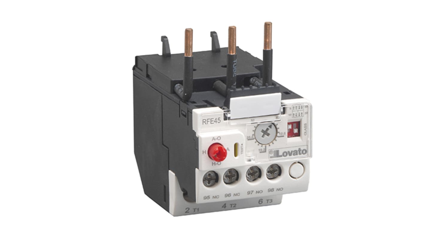 Relè di sovraccarico termico Lovato RFE454500, tripolare, FLC 32 A, autoalimentato, montaggio versatile, tensione di controllo 690 V.