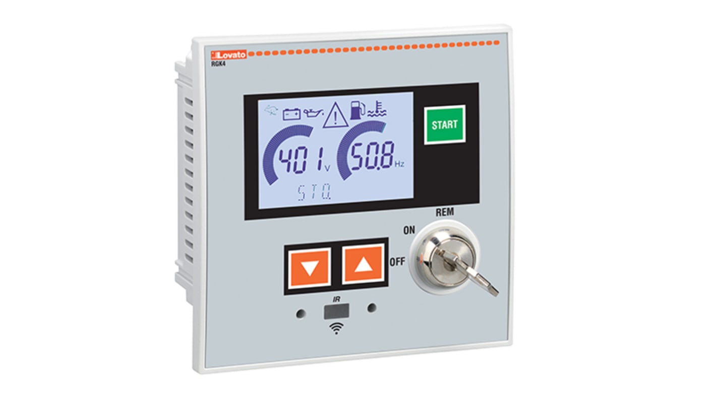 Lovato RGK420SA, misuratore digitale da pannello con display LCD retroilluminato, 110x110 mm, per misurazione di tensione e corrente TRMS.