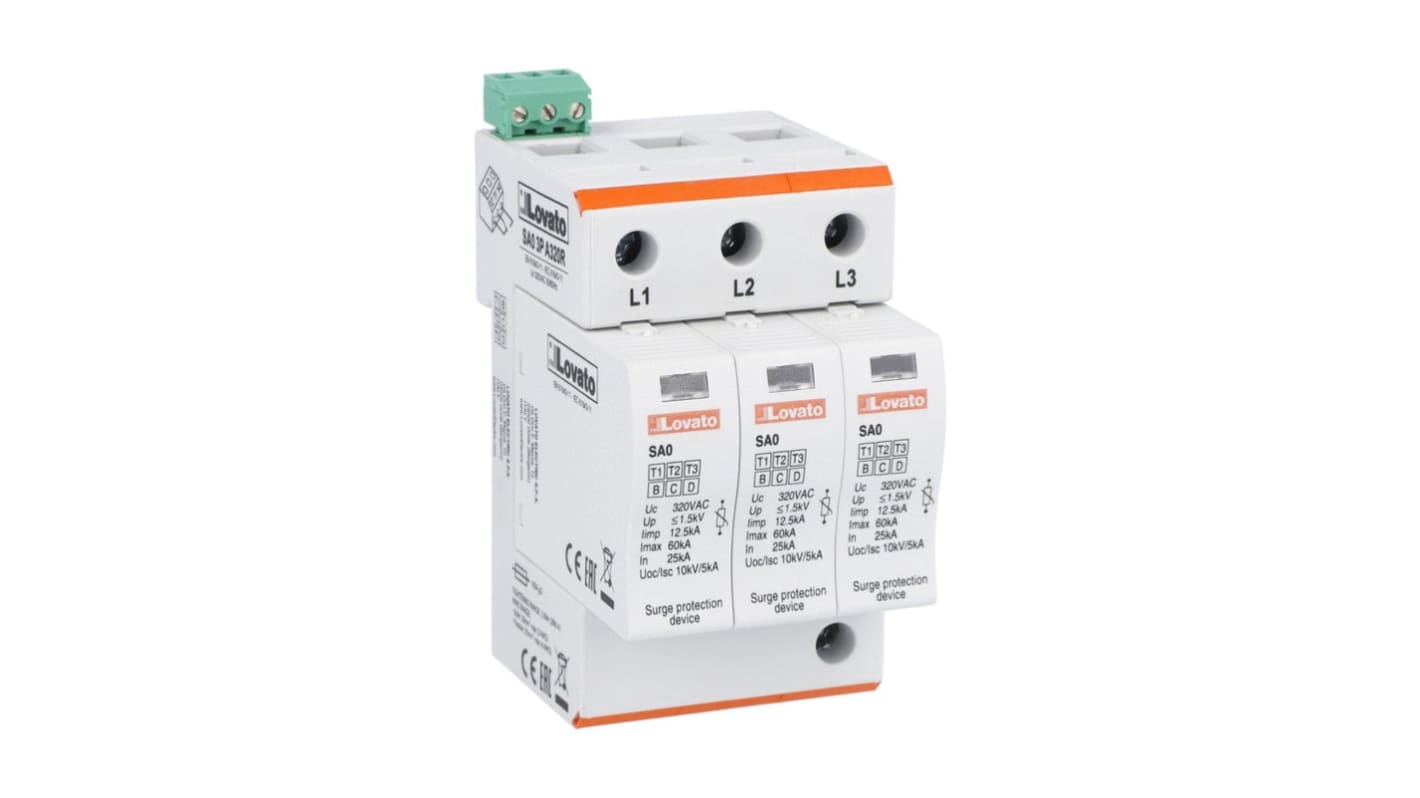 Lovato SA03PA320R, dispositivo monofase per protezione da sovracorrente, montaggio su guida DIN, corrente massima 60kA, grado di protezione IP20.