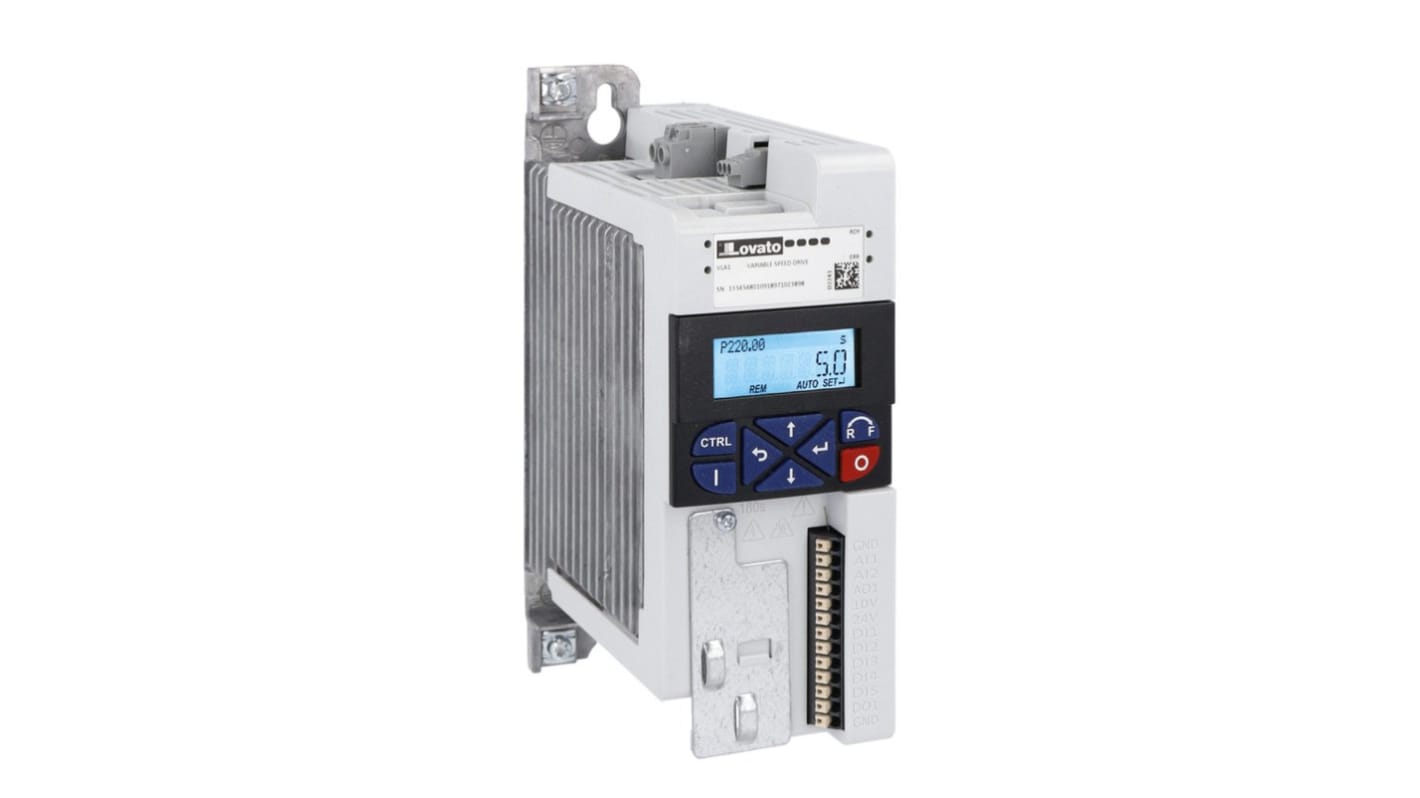 Avviatore a velocità variabile Lovato VLA102A240, potenza 0,25 kW, tensione 240 V, controllo motore V/f, interfaccia con display.