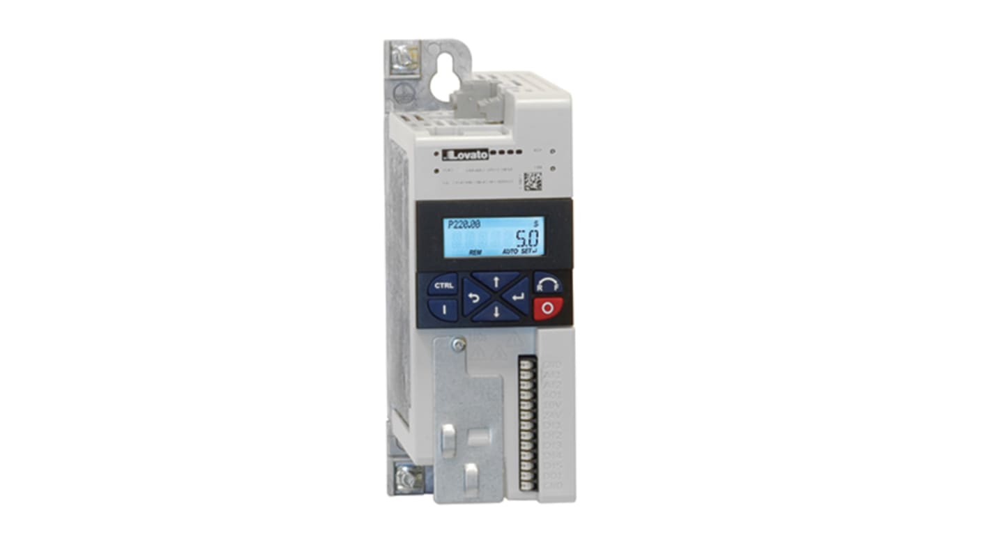 Avviatore a velocità variabile Lovato VLA104A240, potenza 0,4 kW, tensione 240 V, frequenza 0-599 Hz, con interfaccia utente.