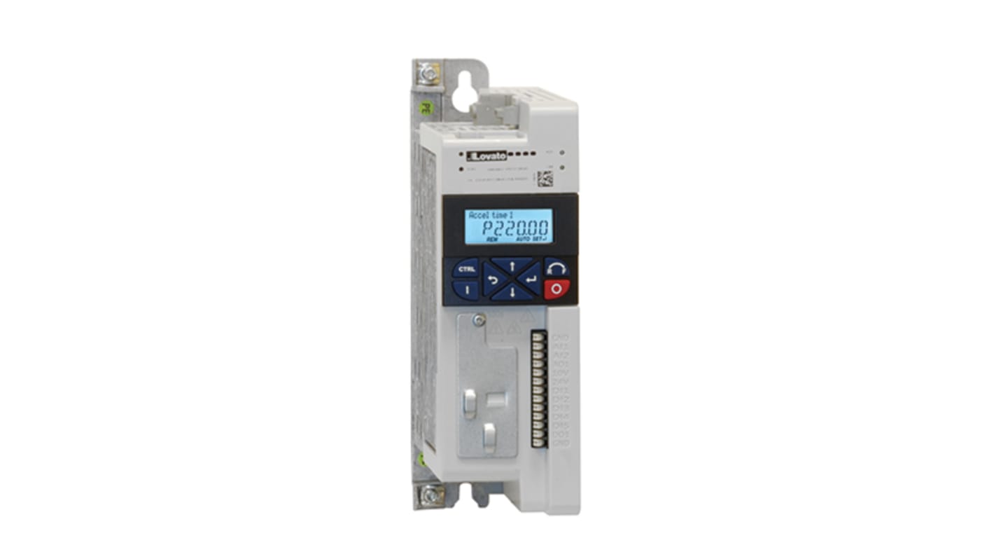 Avviatore a velocità variabile Lovato VLA107A240, potenza 0,75 kW, tensione 240 V, controllo motore V/f, interfaccia con display.
