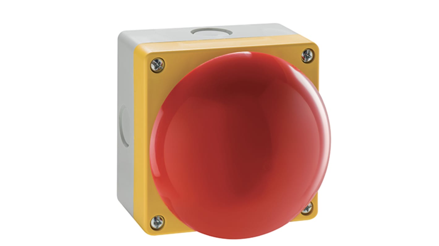 Pulsante rotondo Lovato LP9P11R SPDT, colore grigio e rosso, grado di protezione IP65, per arresto macchine e controllo manutenzione.