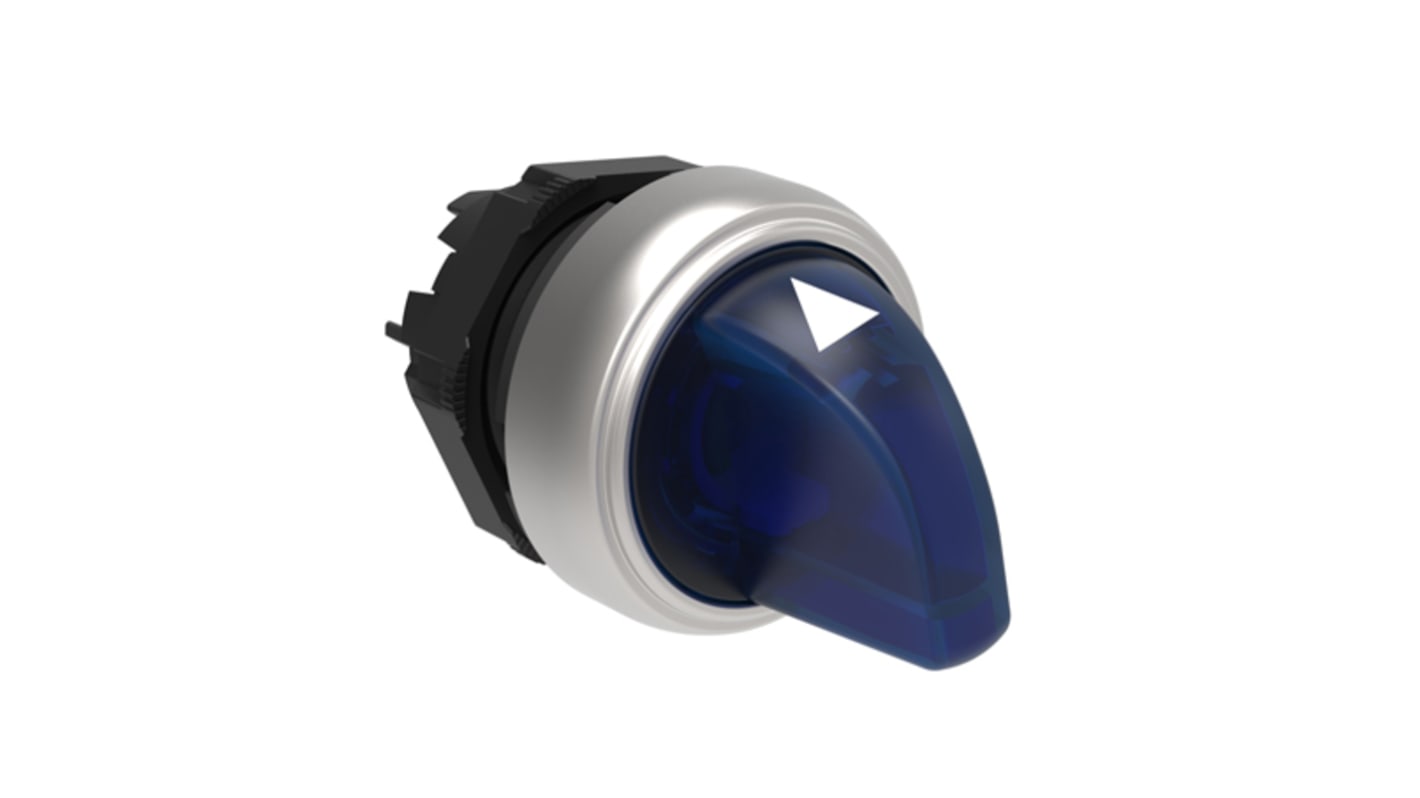 Selettore Lovato LPCSL1306 a 3 posizioni, diametro foro 22mm, plastica cromata blu, illuminato, grado di protezione IP66/IP67/IP69K.