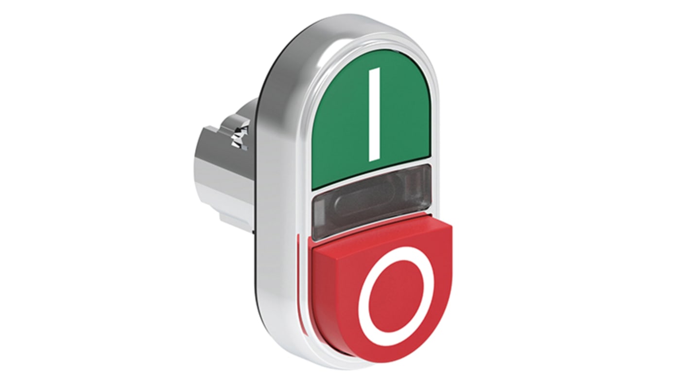 Attuatore pulsante Lovato LPSBL7223 con ritorno a molla, indicatori verde/rosso, grado di protezione IP66/IP67/IP69K. Diametro foro 29.5 mm.