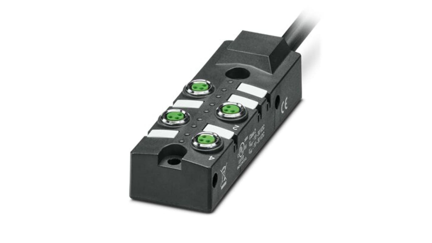 Scatola sensore Phoenix Contact 1197207, 4 porte M8, cavo 5 m, tensione 24 V c.c., corrente 6 A, grado di protezione elevato.