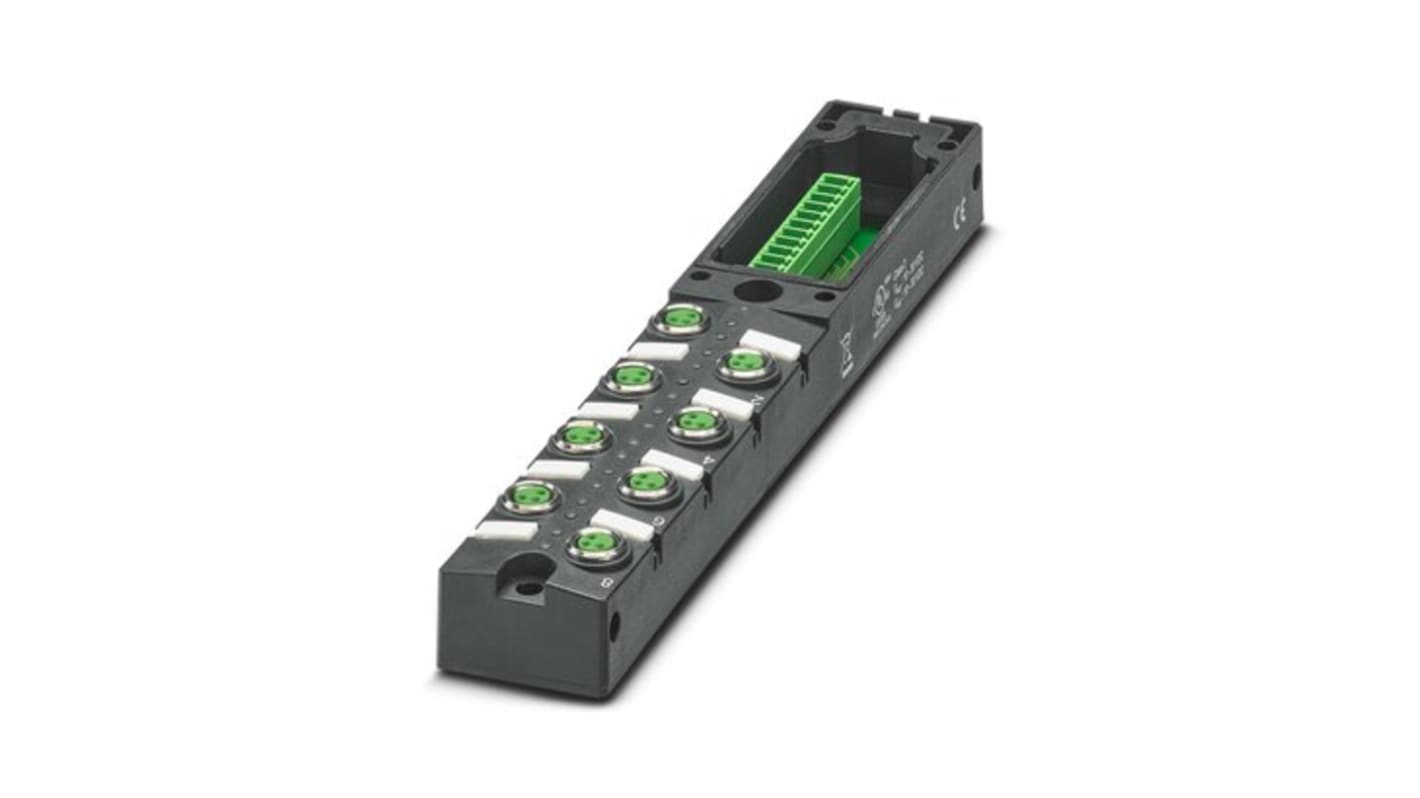 Scatola sensore Phoenix Contact 1197612, 8 porte M8, tensione 24 V c.c., corrente 8 A, assemblaggio in loco, grado di protezione elevato.