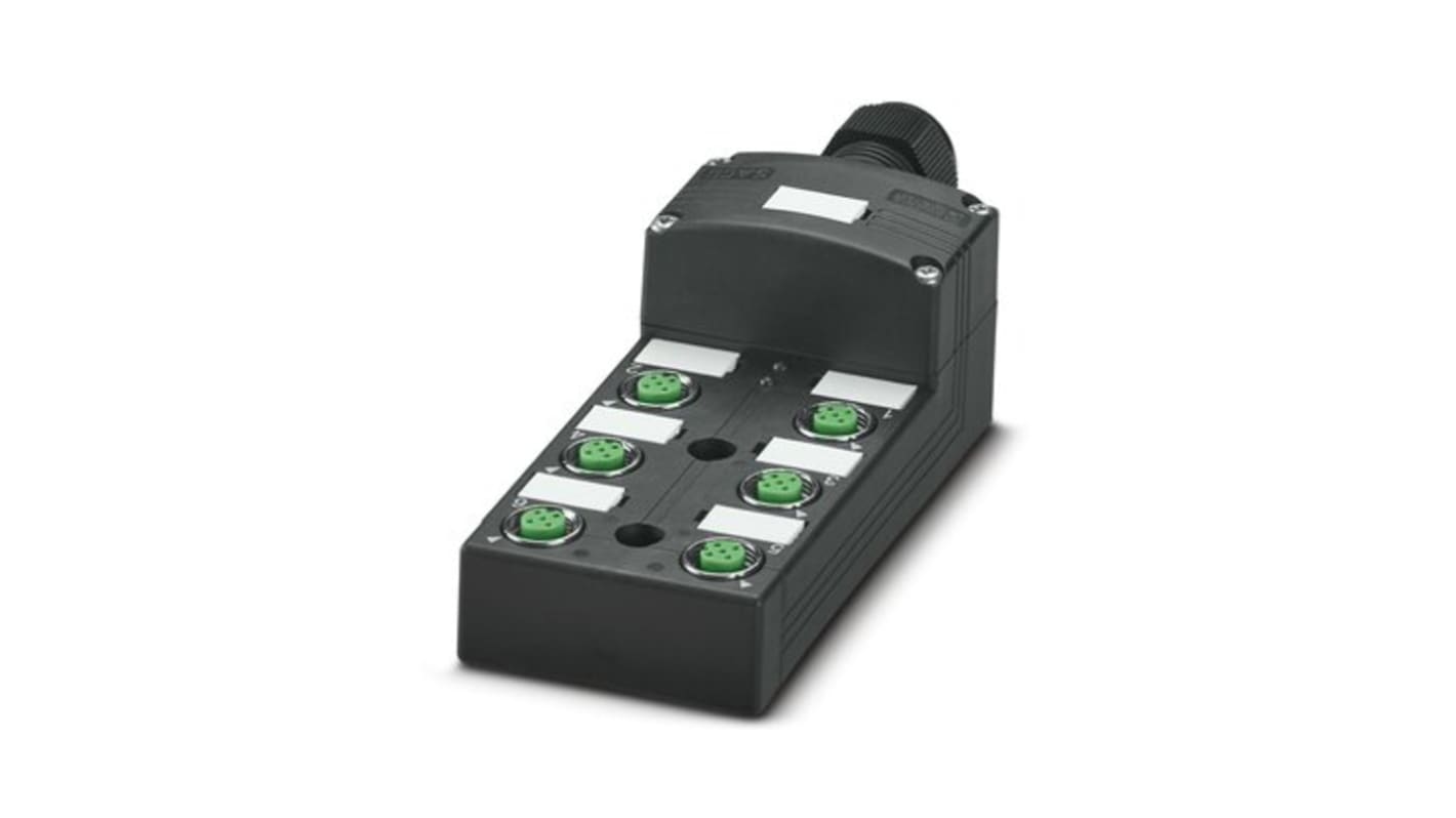 Phoenix Contact 1516878, scatola sensore 6 porte M12, tensione 120 V, corrente 10 A, montaggio rapido SPEEDCON, grado di protezione elevato.