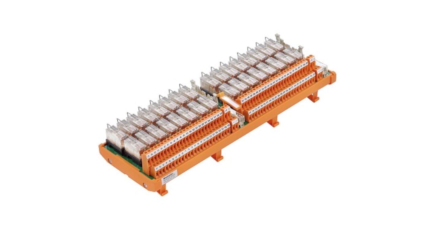 Modulo interfaccia relè Weidmüller 9445200000, 24V cc, contatti SPDT, montaggio su guida DIN, corrente 5A, LED di stato.
