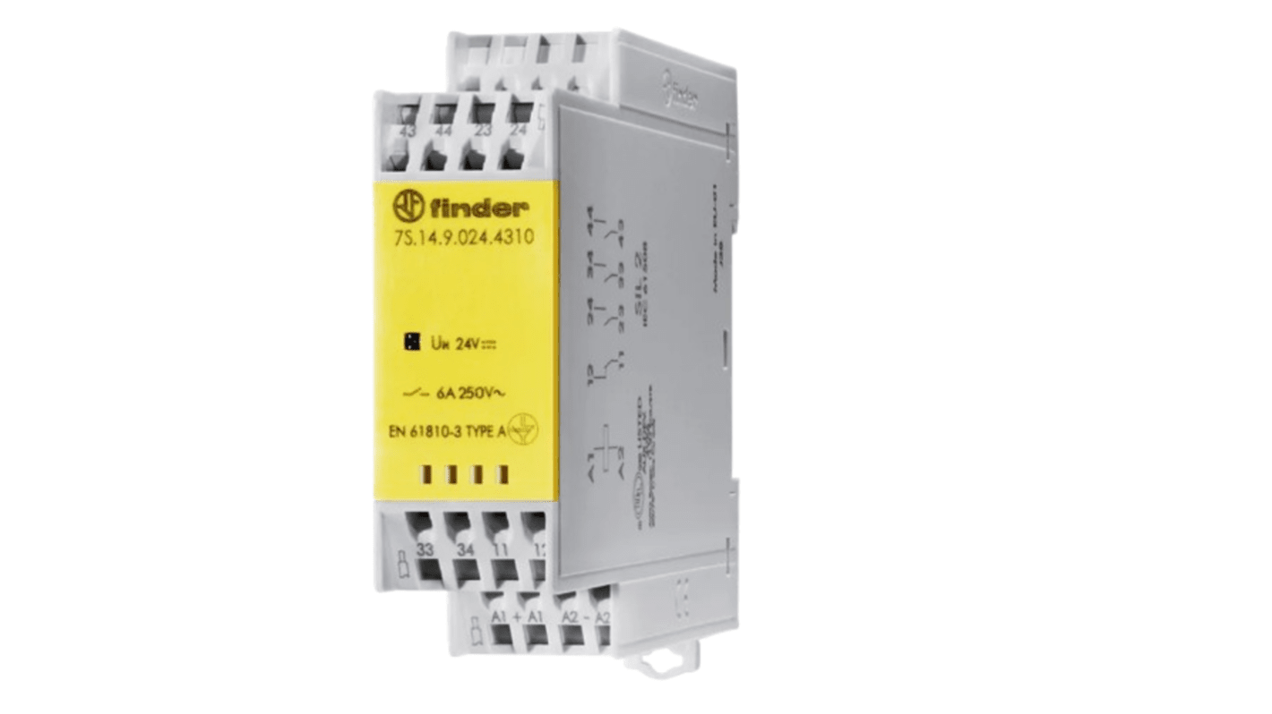 Finder 7S.14.9.024.4310, relè 4 poli 3PDT, 24V cc, montaggio su guida DIN, indicazione LED, conforme a norme SIL 2.